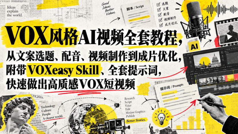 VOX风格AI视频全套教程，从文案选题、配音、视频制作到成片优化，附带VOXeasy Skill、全套提示词，快速做出高质感VOX短视频|一人科技OPC聚合软件