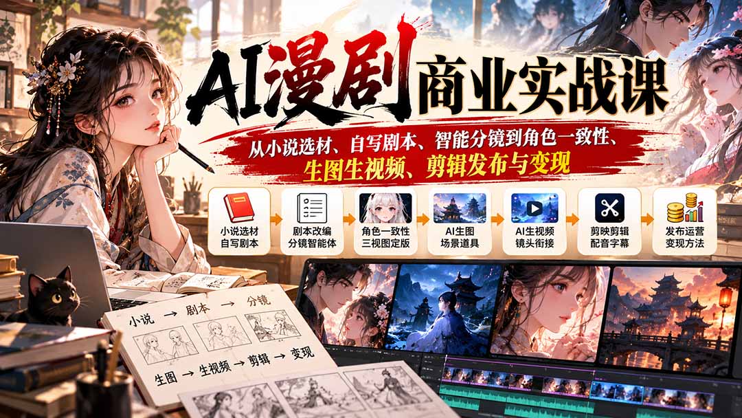 AI漫剧商业实战课：从小说选材、自写剧本、智能分镜到角色一致性、生图生视频、剪辑发布与变现|一人科技OPC聚合软件