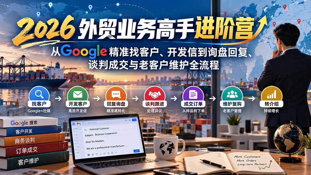 2026外贸业务高手进阶营：从Google精准找客户、开发信到询盘回复、谈判成交与老客户维护全流程|一人科技OPC聚合软件