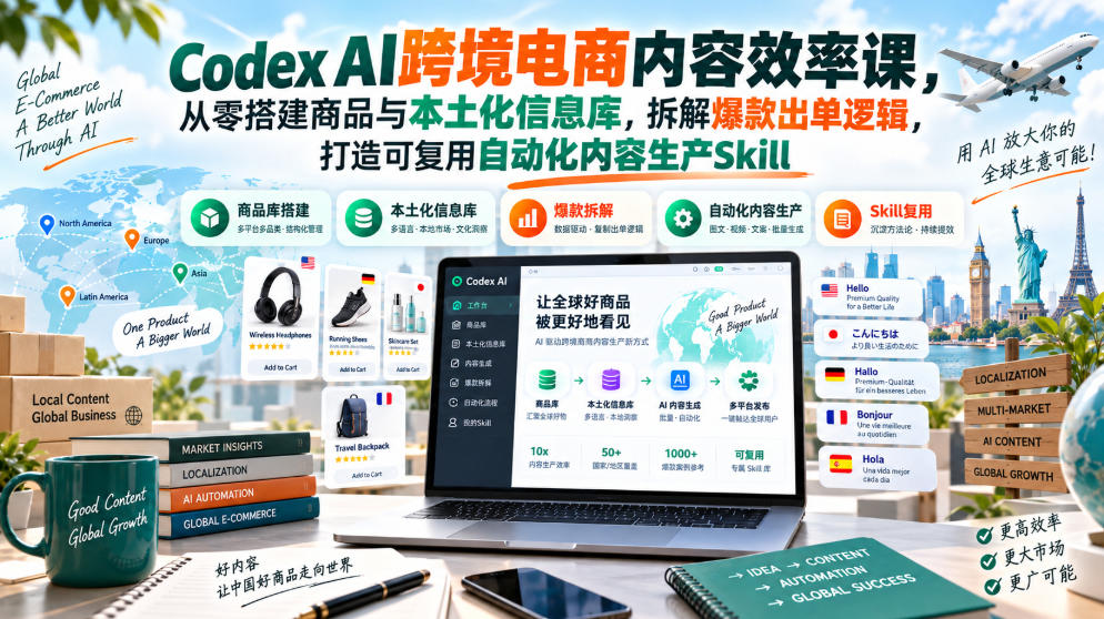 Codex AI跨境电商内容效率课，从零搭建商品与本土化信息库，拆解爆款出单逻辑，打造可复用自动化内容生产Skill|一人科技OPC聚合软件