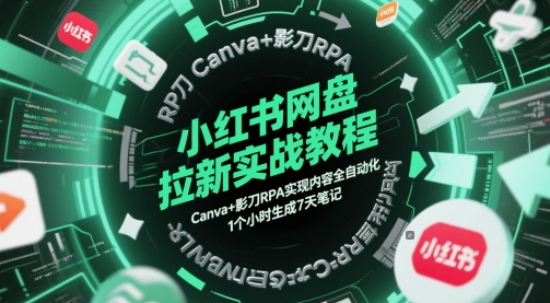 小红书网盘拉新实战教程，Canva+影刀RPA实现内容全自动化，1个小时生成7天笔记|HOOK协议网