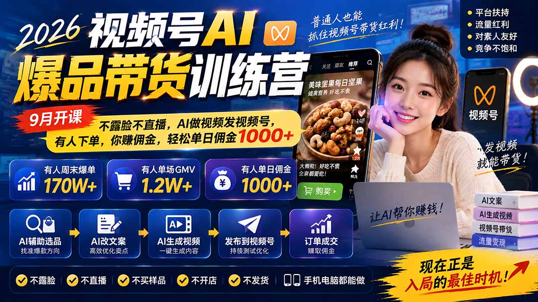 图片[1]|2026视频号AI爆品带货训练营-9月开课｜不露脸不直播，AI做视频发视频号，有人下单，你赚佣金，轻松单日佣金1000+|一人科技OPC聚合软件