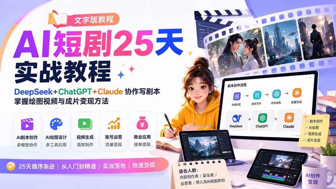 AI短剧25天实战教程(文字版教程|一人科技OPC聚合软件