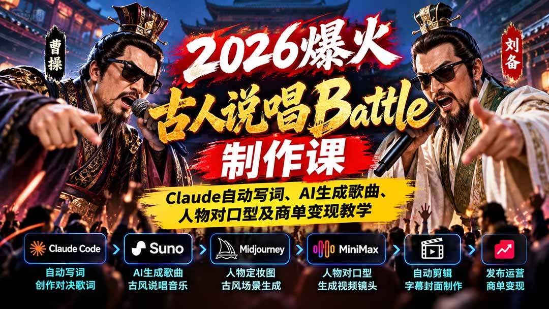2026爆火古人说唱Battle制作课：Claude自动写词、AI生成歌曲、人物对口型及商单变现教学|一人科技OPC聚合软件