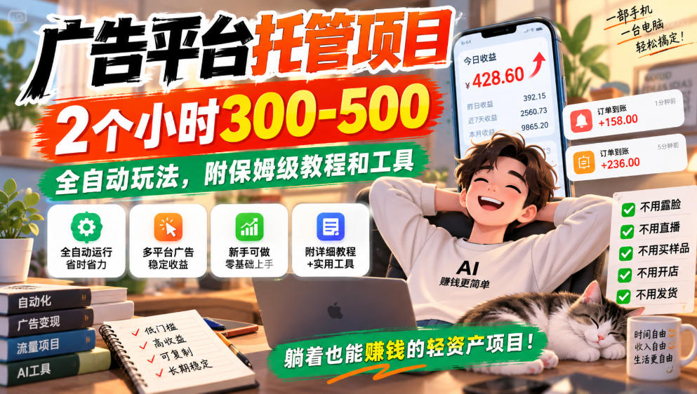广告平台托管项目，2个小时300-500，全自动玩法，附保姆级教程和工具，小白照着就能做【揭秘】|一人科技OPC聚合软件
