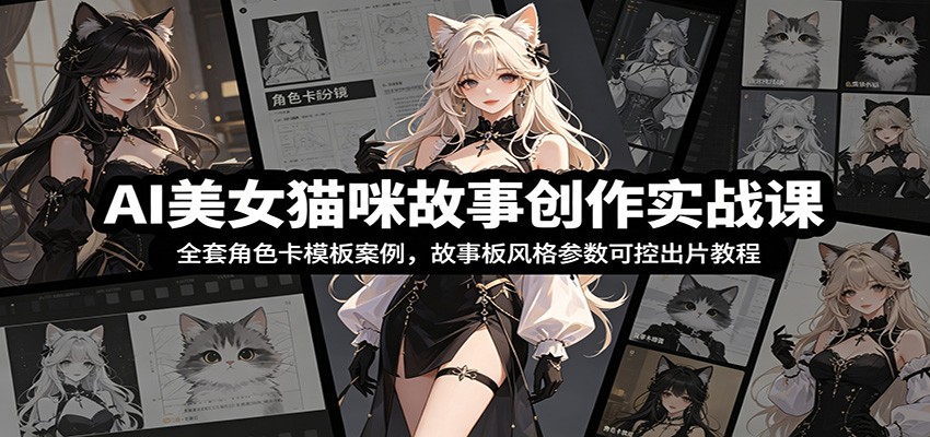 AI美女猫咪故事创作实战课：全套角色卡模板案例，故事板风格参数可控出片教程|一人科技OPC聚合软件