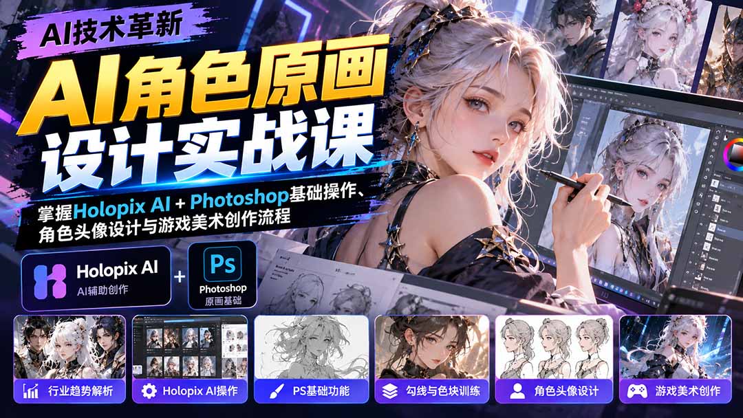 AI角色原画设计实战课：掌握Holopix AI+Photoshop基础操作、角色头像设计与游戏美术创作流程|一人科技OPC聚合软件