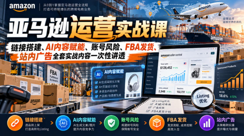 亚马逊运营实战课，链接搭建、AI内容赋能、账号风险、FBA发货、站内广告全套实战内容一次性讲透|一人科技OPC聚合软件