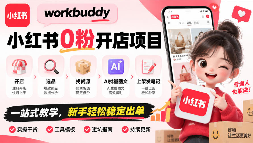 workbuddy小红书0粉开店项目，开店、选品、找货源、AI批量图文、上架发笔记一站式教学，新手轻松稳定出单|一人科技OPC聚合软件