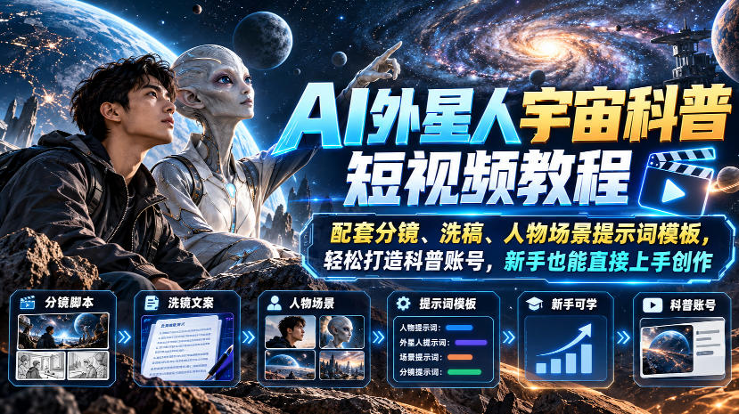 AI外星人宇宙科普短视频教程，配套分镜、洗稿、人物场景提示词模板，轻松打造科普账号，新手也能直接上手创作|一人科技OPC聚合软件