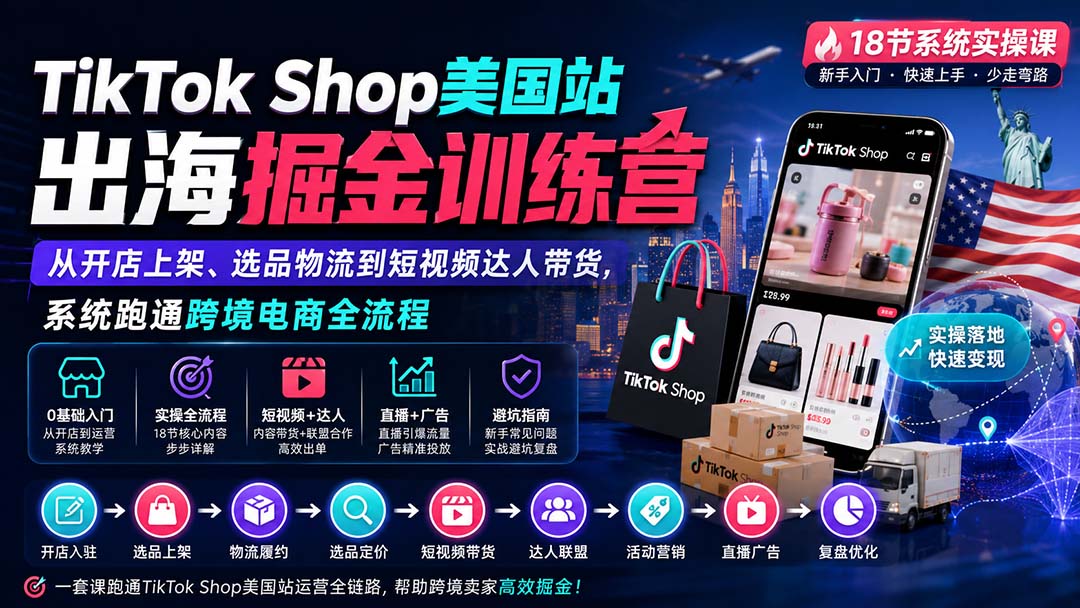 TikTok Shop美国站出海掘金训练营：从开店上架、选品物流到短视频达人带货，系统跑通跨境电商全流程|一人科技OPC聚合软件