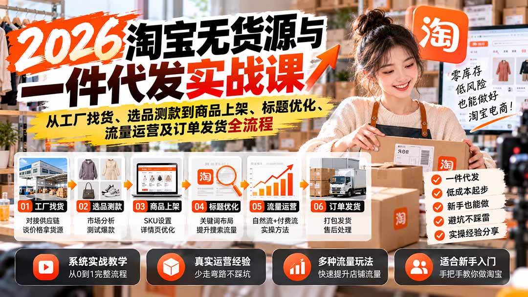 2026淘宝无货源与一件代发实战课：从工厂找货、选品测款到商品上架、标题优化、流量运营及订单发货全流程|一人科技OPC聚合软件