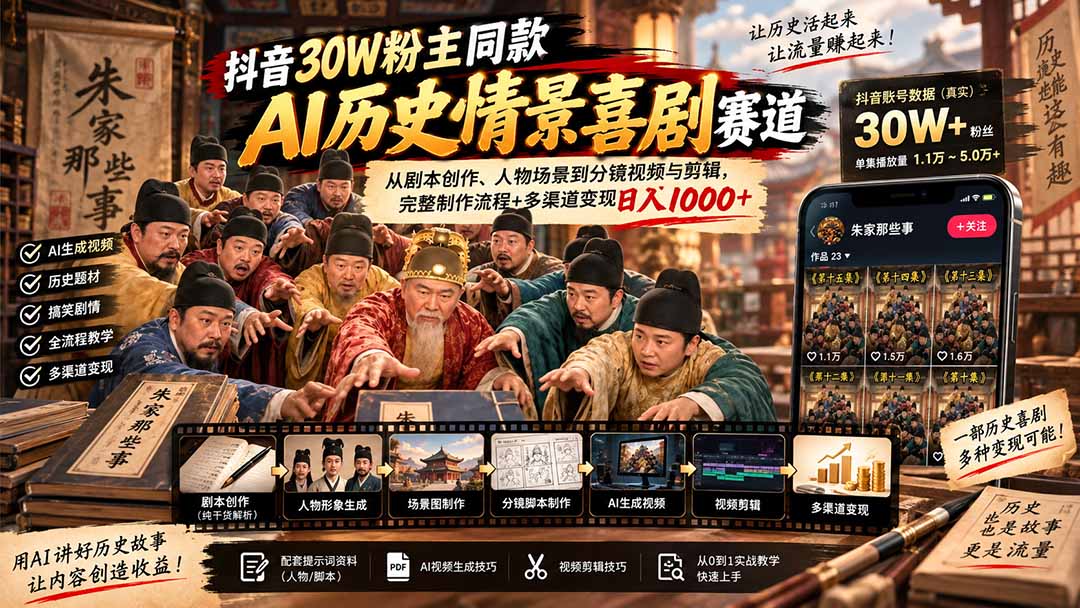 抖音30W粉博主同款AI历史情景喜剧赛道：从剧本创作、人物场景到分镜视频与剪辑，完整制作流程+多渠道变现日入1000+|一人科技OPC聚合软件