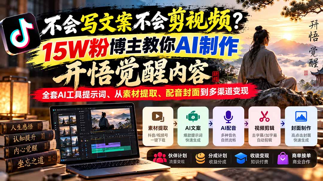 不会写文案不会剪视频？15W粉博主教你AI制作开悟觉醒内容，全套AI工具提示词、从素材提取、配音封面到多渠道变现|一人科技OPC聚合软件