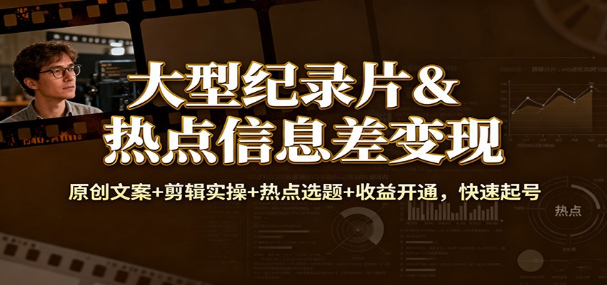 大型纪录片&热点信息差变现：原创文案+剪辑实操+热点选题+收益开通，快速起号|HOOK协议网