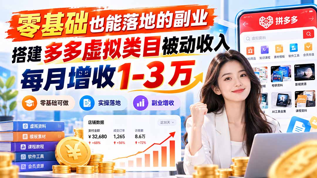零基础也能落地的副业，搭建多多虚拟类目被动收入，每月增收 1-3 万|一人科技OPC聚合软件