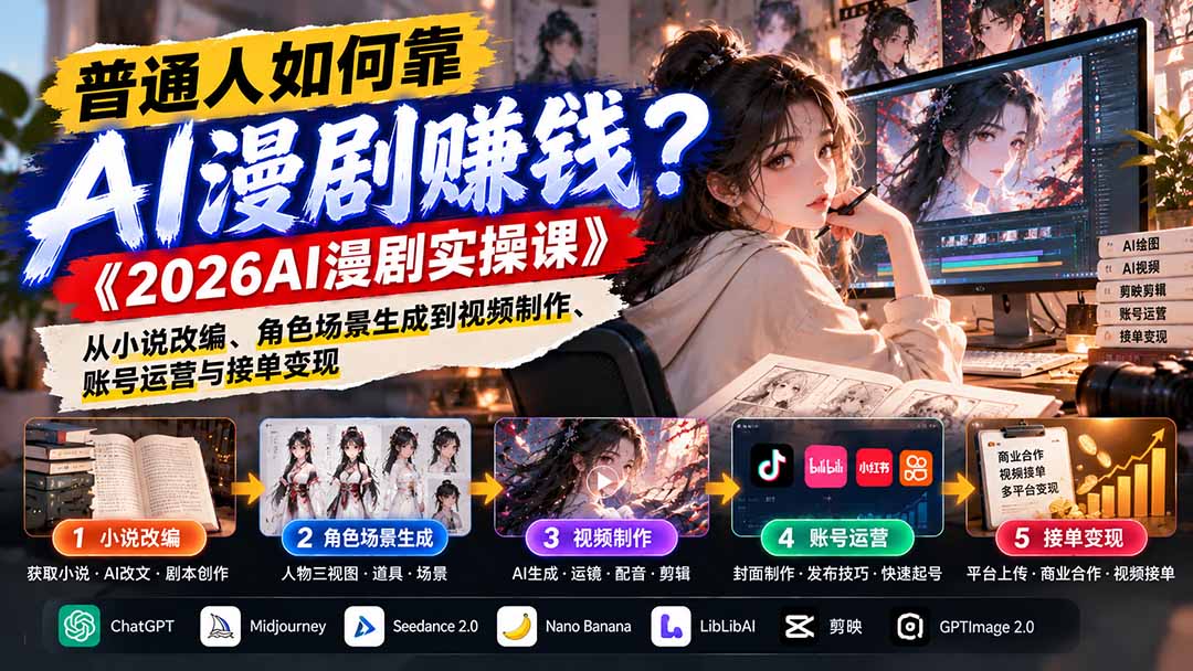 普通人如何靠AI漫剧赚钱？《2026AI漫剧实操课》从小说改编、角色场景生成到视频制作、账号运营与接单变现|一人科技OPC聚合软件