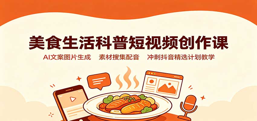 美食生活科普短视频创作课：AI文案图片生成，素材搜集配音，冲刺抖音精选计划教学|一人科技OPC聚合软件