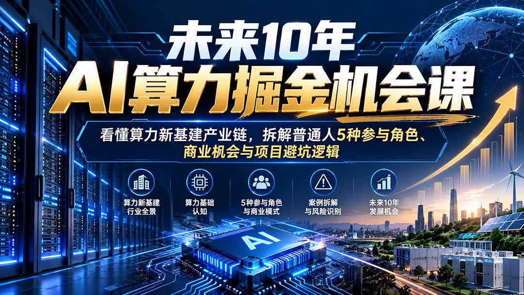 未来10年AI算力掘金机会课：看懂算力新基建产业链，拆解普通人5种参与角色、商业机会与项目避坑逻辑|一人科技OPC聚合软件