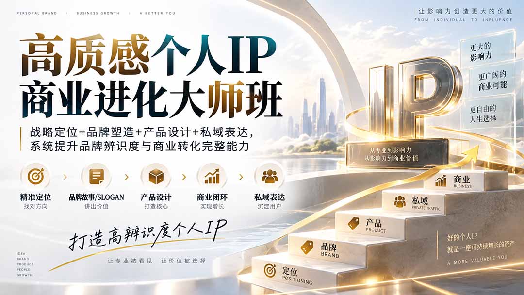 高质感个人IP商业进化大师班：战略定位+品牌塑造+产品设计+私域表达，系统提升品牌辨识度与商业转化完整能力|一人科技OPC聚合软件