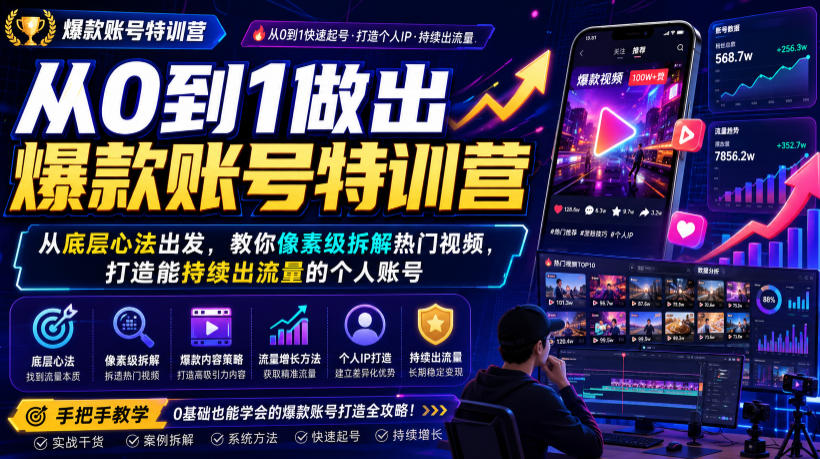 从0到1做出爆款账号特训营，从底层心法出发，教你像素级拆解热门视频，打造能持续出流量的个人账号|一人科技OPC聚合软件