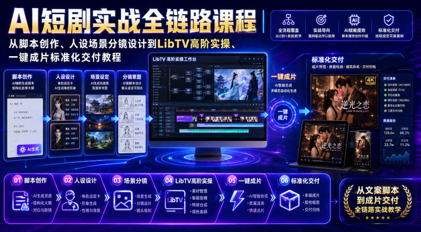AI短剧实战全链路课程｜从脚本创作、人设场景分镜设计到LibTV高阶实操、一键成片标准化交付教程|一人科技OPC聚合软件