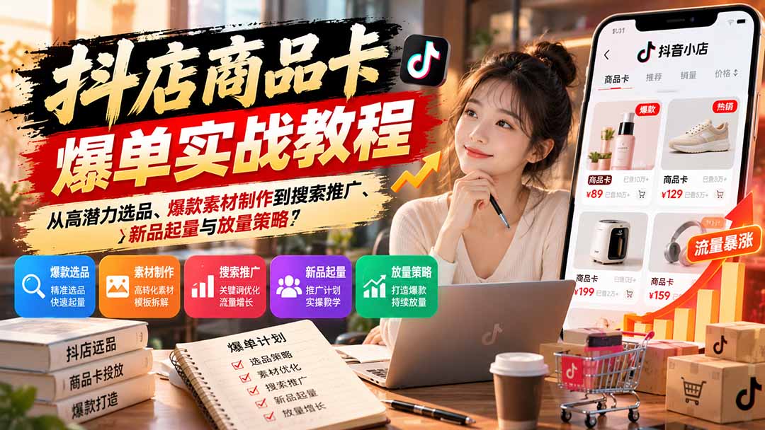抖店商品卡爆单实战教程：从高潜力选品、爆款素材制作到搜索推广、新品起量与放量策略|一人科技OPC聚合软件