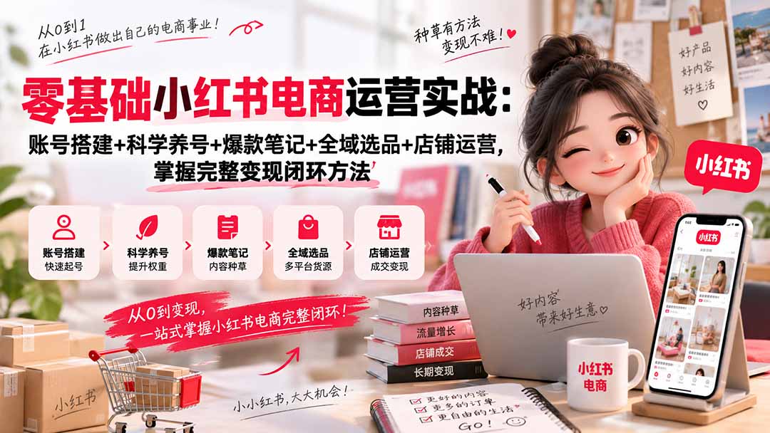 零基础小红书电商运营实战：账号搭建+科学养号+爆款笔记+全域选品+店铺运营，掌握完整变现闭环方法|一人科技OPC聚合软件