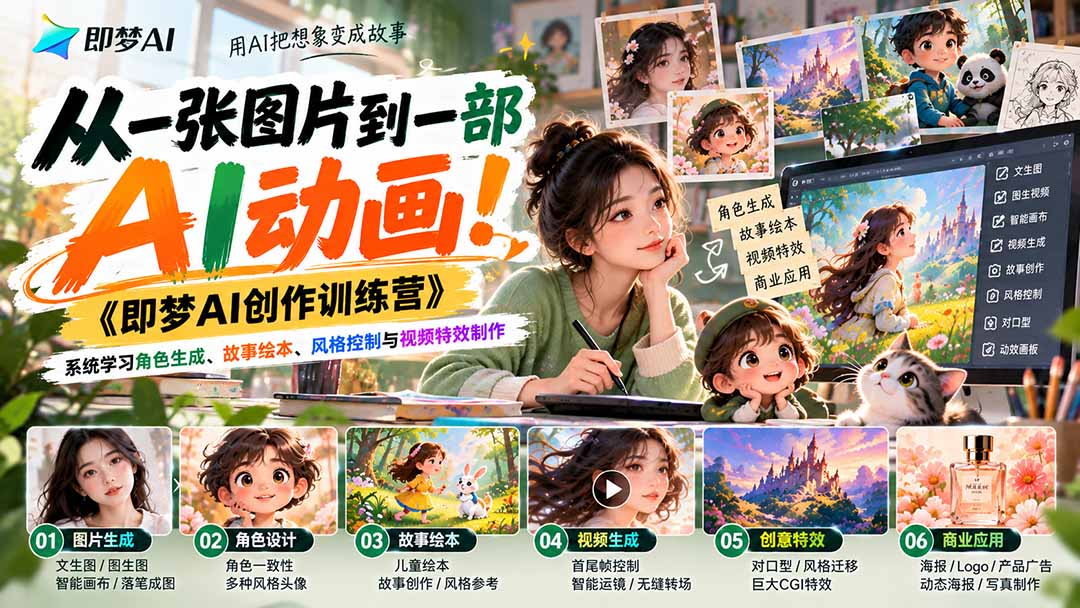 【无水印】从一张图片到一部AI动画！《即梦AI创作训练营》系统学习角色生成、故事绘本、风格控制与视频特效制作|一人科技OPC聚合软件