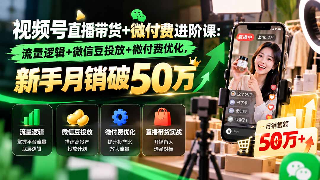 视频号直播带货+微付费进阶课-更新1010：流量逻辑+微信豆投放+微付费优化，新手月销破50万|一人科技OPC聚合软件