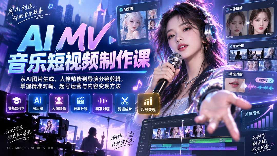 AI MV音乐短视频制作课：从AI图片生成、人像精修到导演分镜剪辑，掌握精准对嘴、起号运营与内容变现方法|一人科技OPC聚合软件