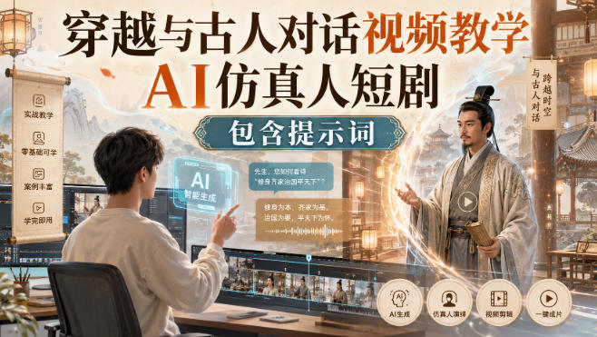 穿越与古人对话视频教学，AI仿真人短剧，包含提示词|一人科技OPC聚合软件