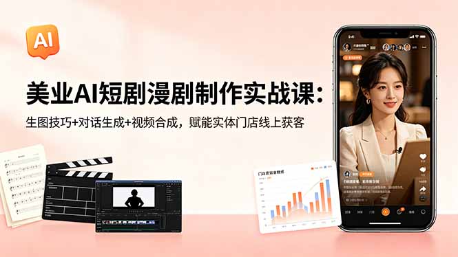 美业AI短剧漫剧制作实战课：生图技巧+对话生成+视频合成，赋能实体门店线上获客|一人科技公司导航