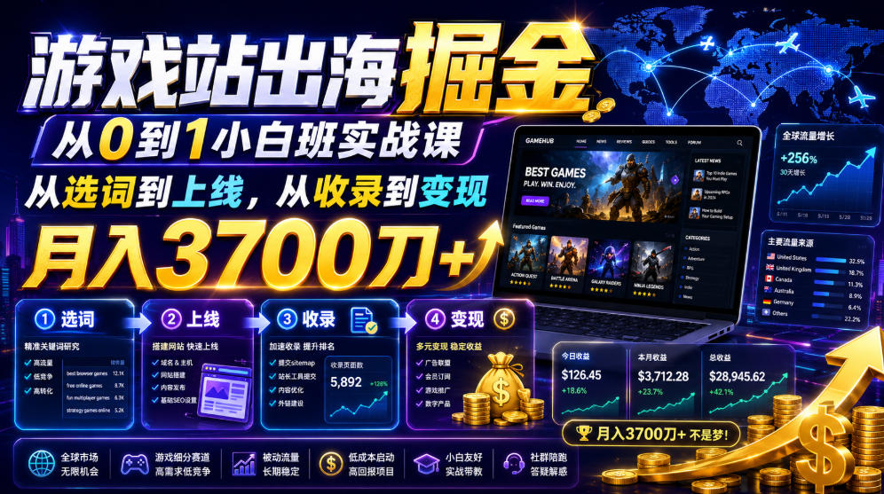 游戏站出海掘金从0到1小白实战课，从选词到上线，从收录到变现，月入3700刀+|一人科技OPC聚合软件