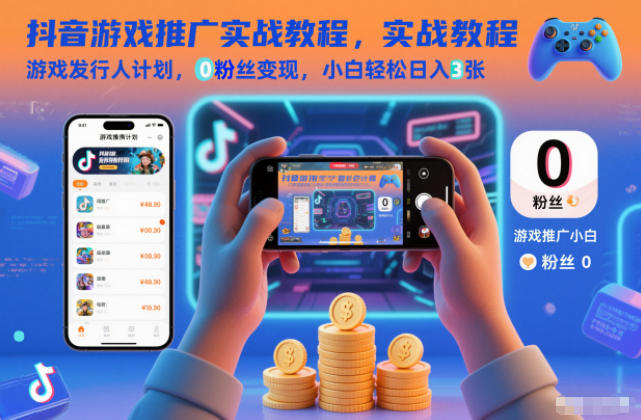 抖音游戏推广实战教程，游戏发行人计划，0粉丝变现，小白轻松日入3张|HOOK协议网