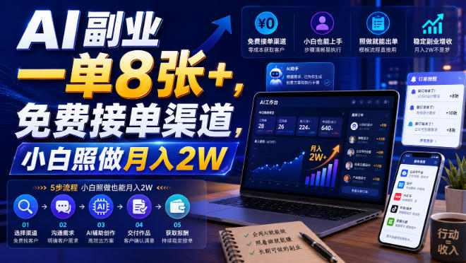 AI副业一单8张+，免费接单渠道，小白照做月入2W【揭秘】|一人科技OPC聚合软件