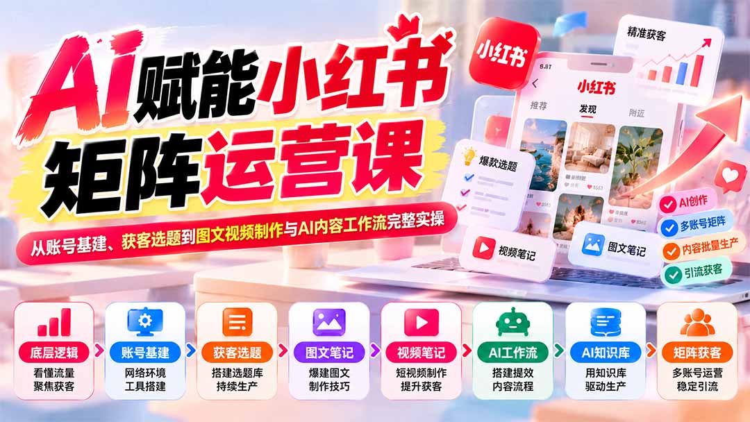 AI赋能小红书矩阵运营课：从账号基建、获客选题到图文视频制作与AI内容工作流完整实操|一人科技OPC聚合软件