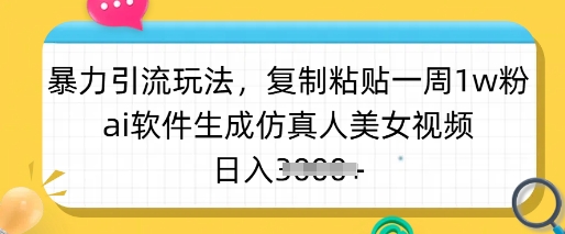 暴力引流玩法，复制粘贴一周1w粉，ai软件生成仿真人美女视频，日入多张|HOOK协议网