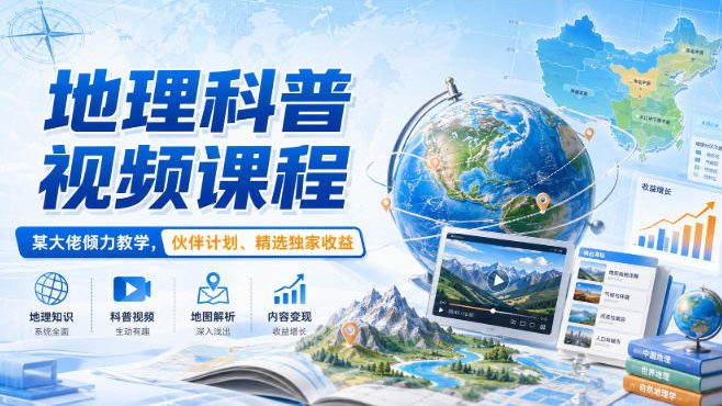 地理科普视频课程，某大佬倾力教学，伙伴计划、精选独家收益|一人科技OPC聚合软件