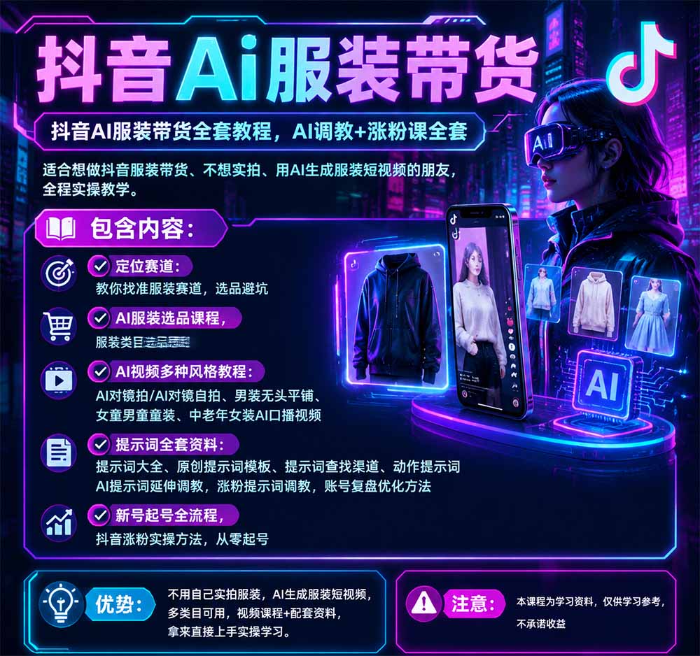 抖音AI服装带货全套教程，不靠真人出镜，利用AI批量制作服装带货短视频，打通选品、AI提示词调教、起号涨粉全流程|一人科技OPC聚合软件