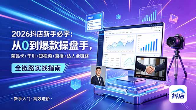 2026抖店新手必学：从0到爆款操盘手，商品卡+千川+短视频+直播+达人全链路|一人科技公司导航