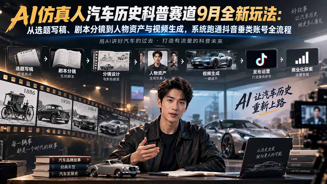 AI仿真人汽车历史科普赛道9月全新玩法：从选题写稿、剧本分镜到人物资产与视频生成，系统跑通抖音垂类账号全流程|一人科技OPC聚合软件