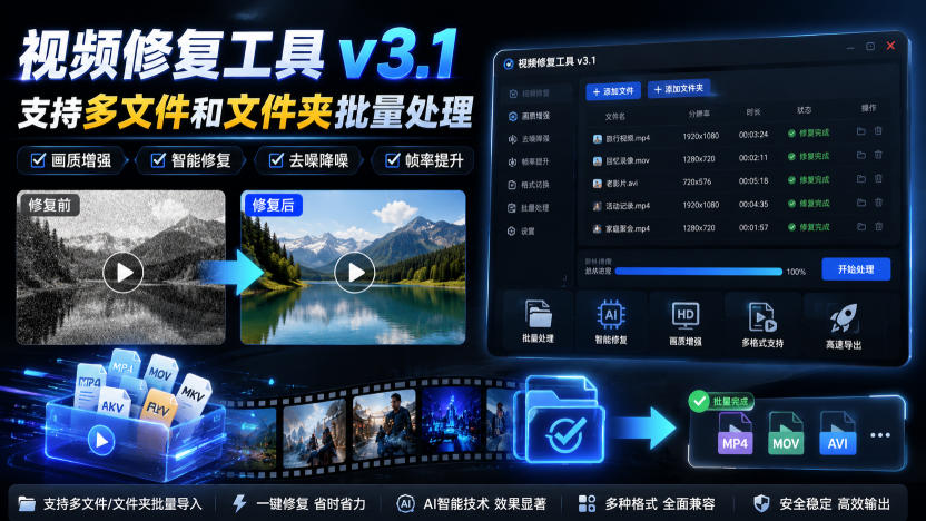视频修复工具v3.1，支持多文件和文件夹批量处理|一人科技OPC聚合软件