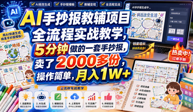 AI手抄报教辅项目全流程实战教学，5分钟做的一套手抄报，卖了2000多份，操作简单，月入1W+|一人科技OPC聚合软件