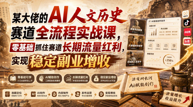 某大佬的AI人文历史赛道全流程实战课，零基础抓住赛道长期流量红利，实现稳定副业增收|一人科技OPC聚合软件