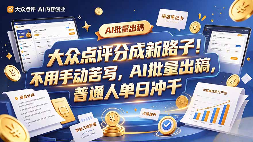 大众点评副业新玩法，工具提效解放双手，批量做笔记，单日可破千|一人科技OPC聚合软件