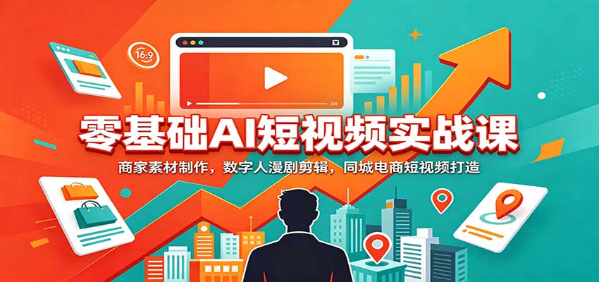 零基础AI短视频实战课：商家素材制作，数字人漫剧剪辑，同城电商短视频打造|一人科技OPC聚合软件