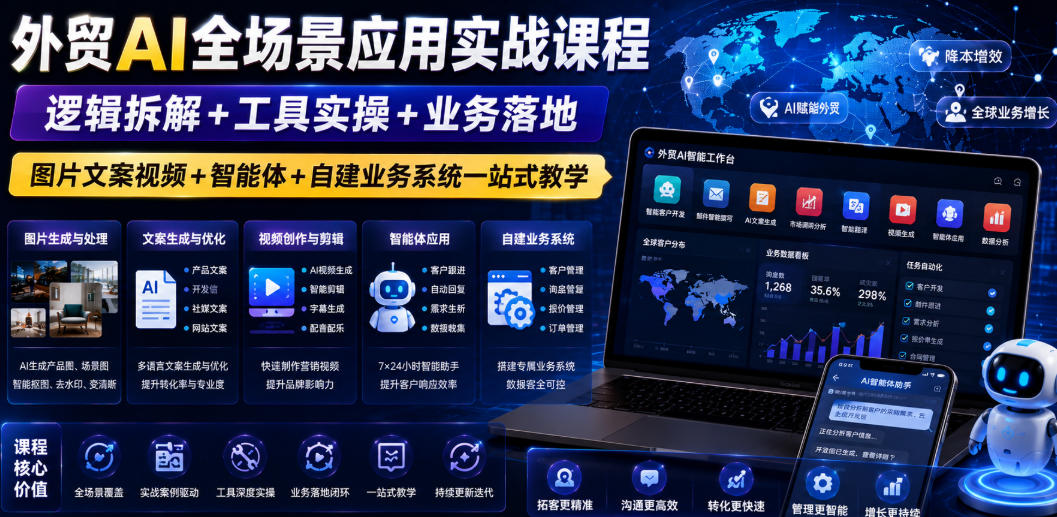 外贸AI全场景应用实战课程｜逻辑拆解+工具实操+业务落地，图片文案视频+智能体+自建业务系统一站式教学|一人科技OPC聚合软件