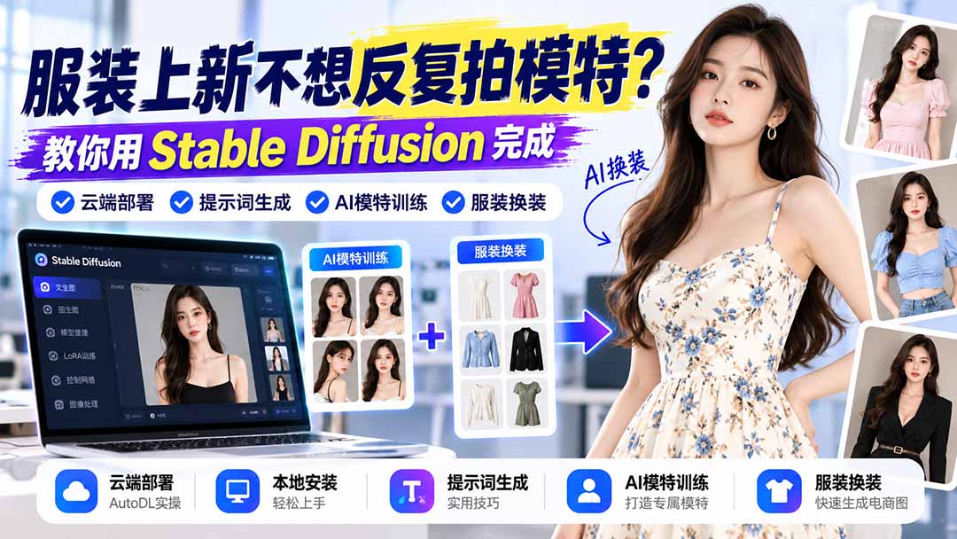 服装上新不想反复拍模特？教你用Stable Diffusion完成云端部署、提示词生成、AI模特训练与换装|一人科技OPC聚合软件
