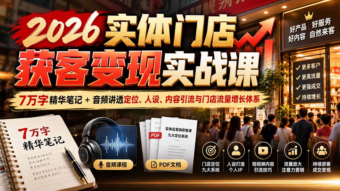 2026实体门店获客变现实战课：7万字精华笔记+音频讲透定位、人设、内容引流与门店流量增长体系|一人科技OPC聚合软件